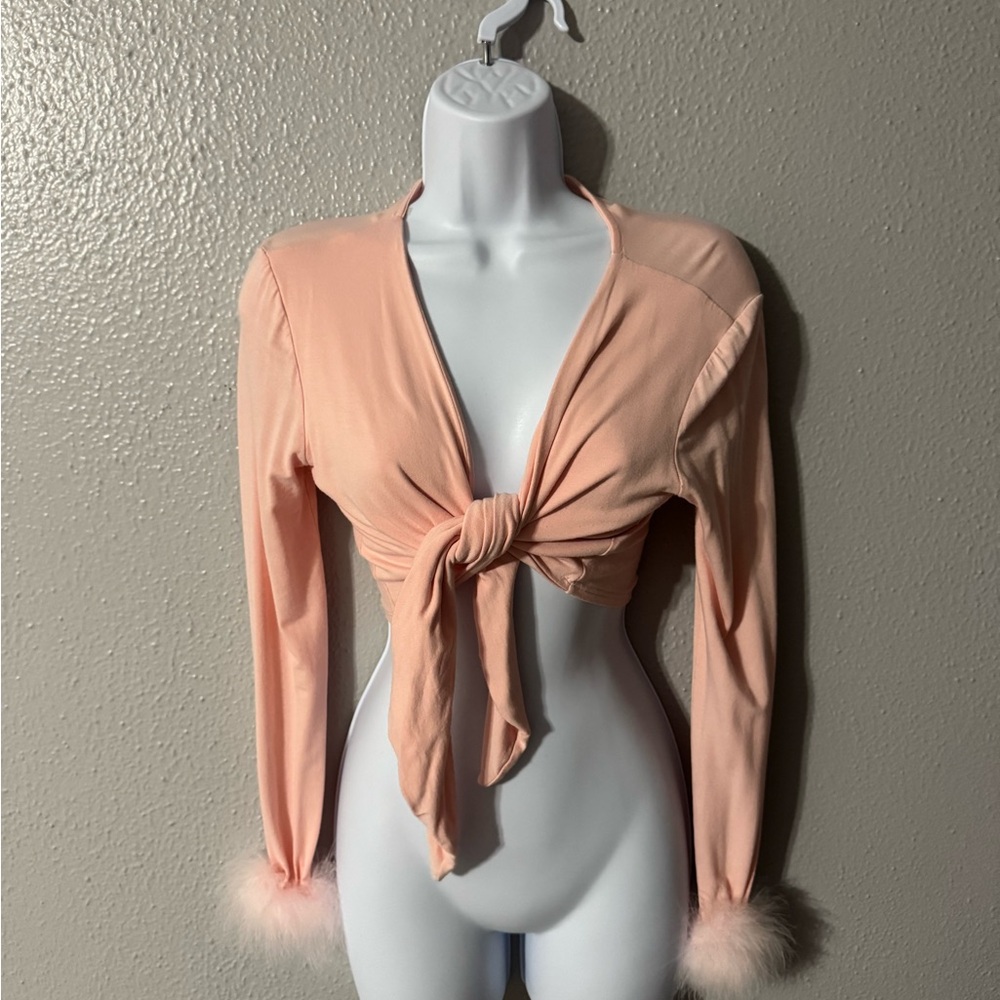 Chic Peach Tie-Front Crop Top with Fur Cuffs